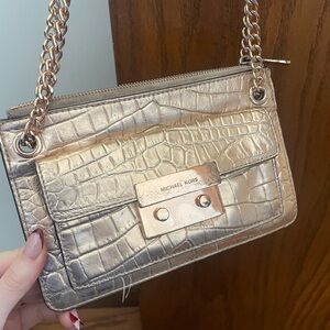 Michael Kors Metallic Rose Gold Croc-Embossed Mini Chain Bag